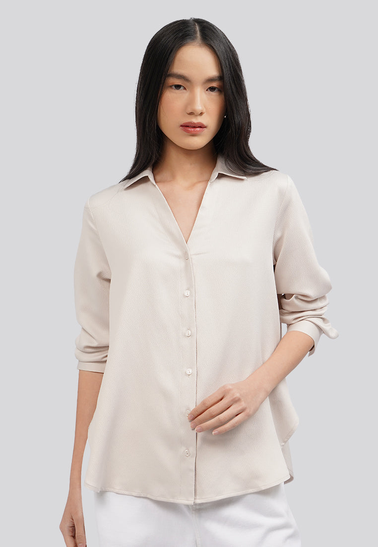 Satin Low Cut V Neck Shoulder Pads Long Sleeve Blouse