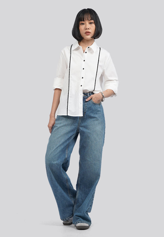 Lace Trim Long Sleeve Blouse for Women – Elegant White Button-Down Top