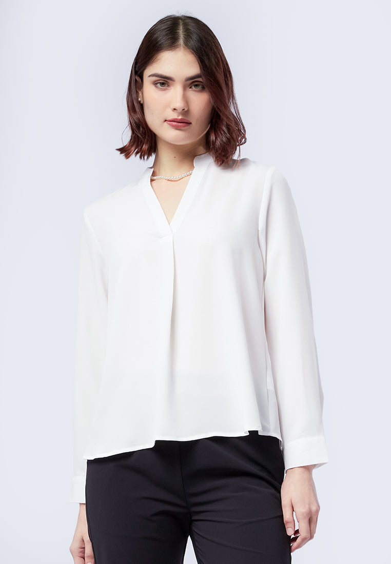 Women's Blouse - V-Neck with Mandarin Collar - Long-Sleeved - Elegant Loose Fit main image 0