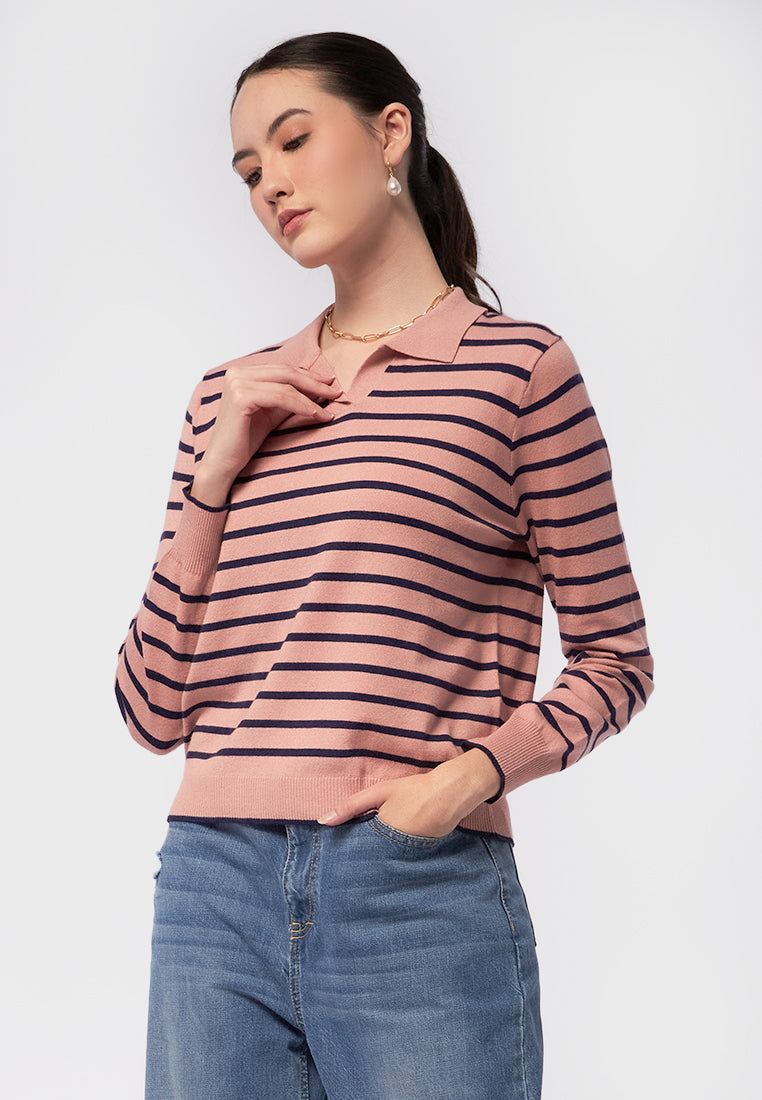 Long Sleeve Polo Collar Stripes Skirt Loose Casual main image 1