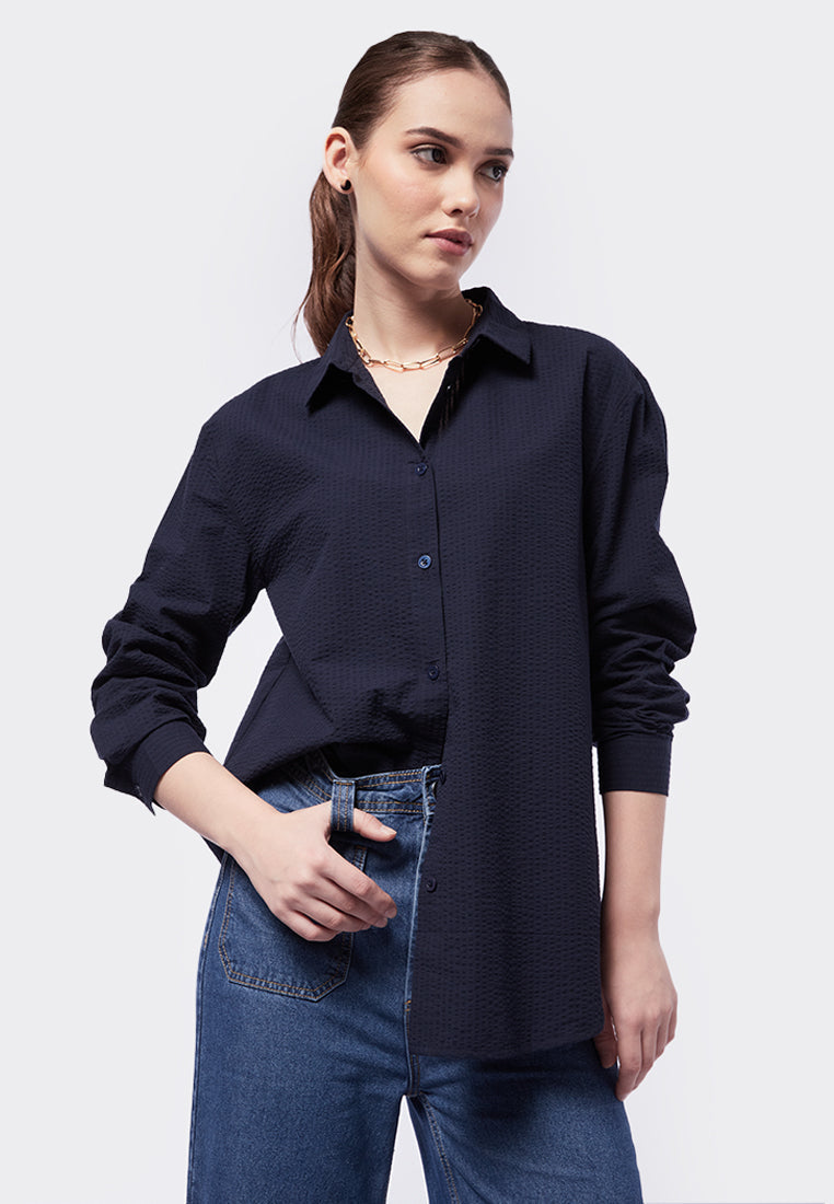 Oversized Seersucker Long Sleeve Blouse  EXECUTIVE