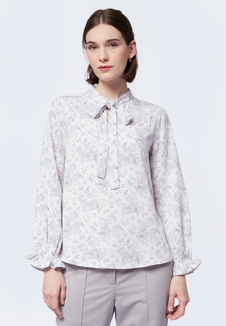 BiBi Printed Woven Front Tied Blouse with Baloon Sleeve