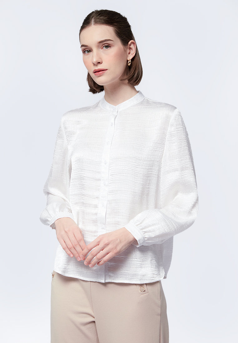 3/4 Button Tab Sleeve Mandarin Collar Blouse in Ivory/Olive - Plus