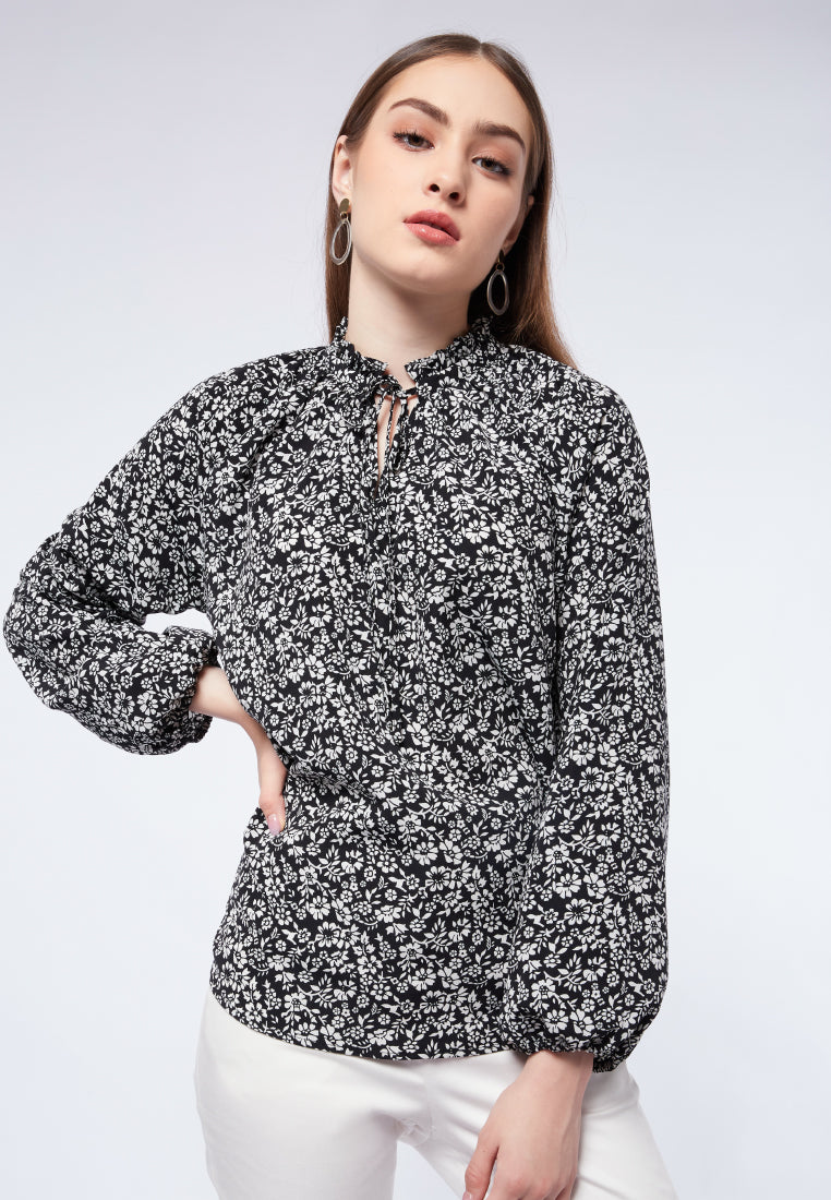 Pre-Order Black Striped Turn Down Collar Balloon Sleeve Blouse