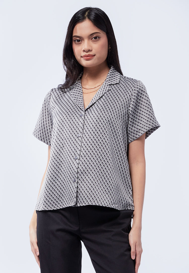 She + Sky Full Size Printed Johnny Collar Short Sleeve Blouse Plus Size main image 0