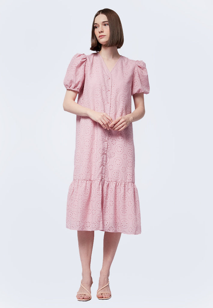 Eyelet Midi Dress with Puff Sleeves