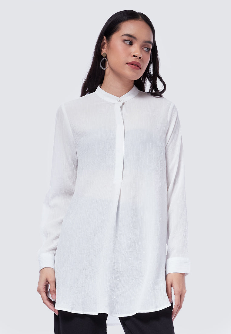 Women White Solid Rayon Top With Mandarin Collar