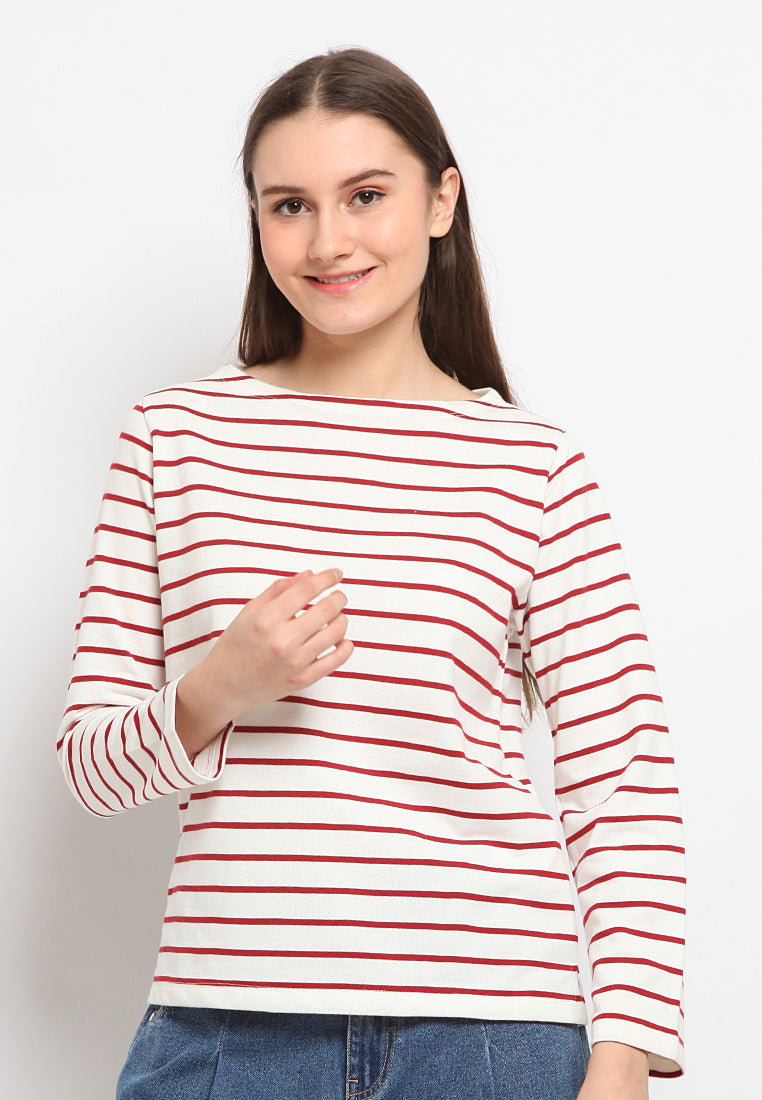 Boatneck Striped Trim Tee in Red White Stripe main image 1
