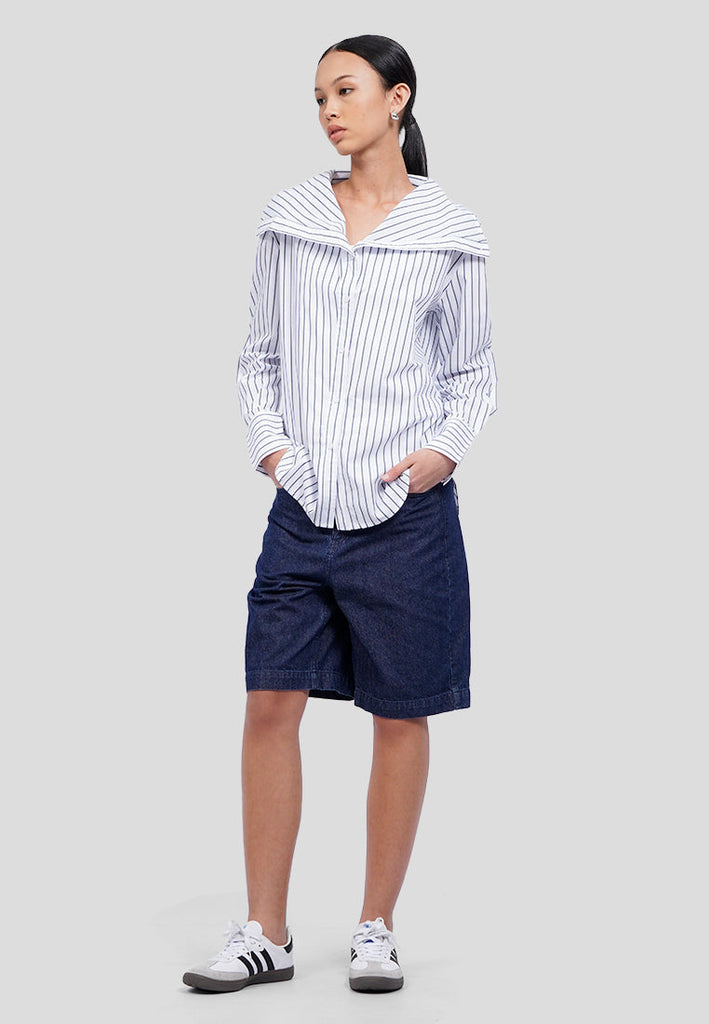 Wide Collar Stripes Long Sleeve Blouse