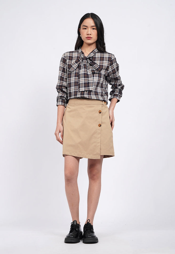 Plaid Sheer Tie Neck Long Sleeve Blouse