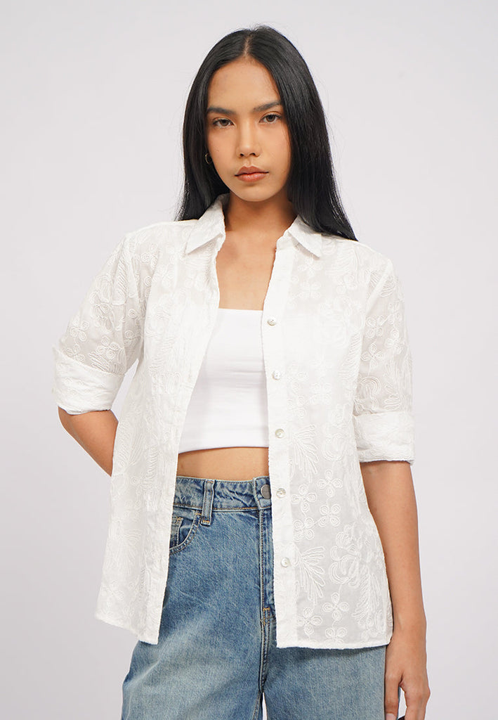 V-Neck Long Sleeves Eyelet Blouse