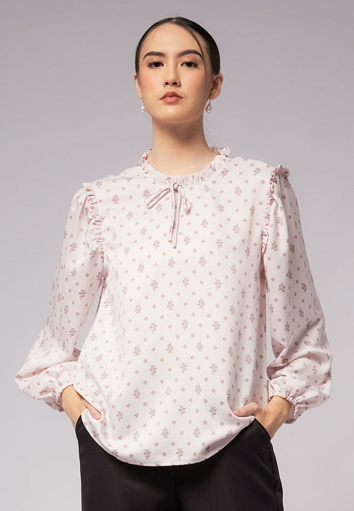 Printed Ruffle Bow Tie Blouse