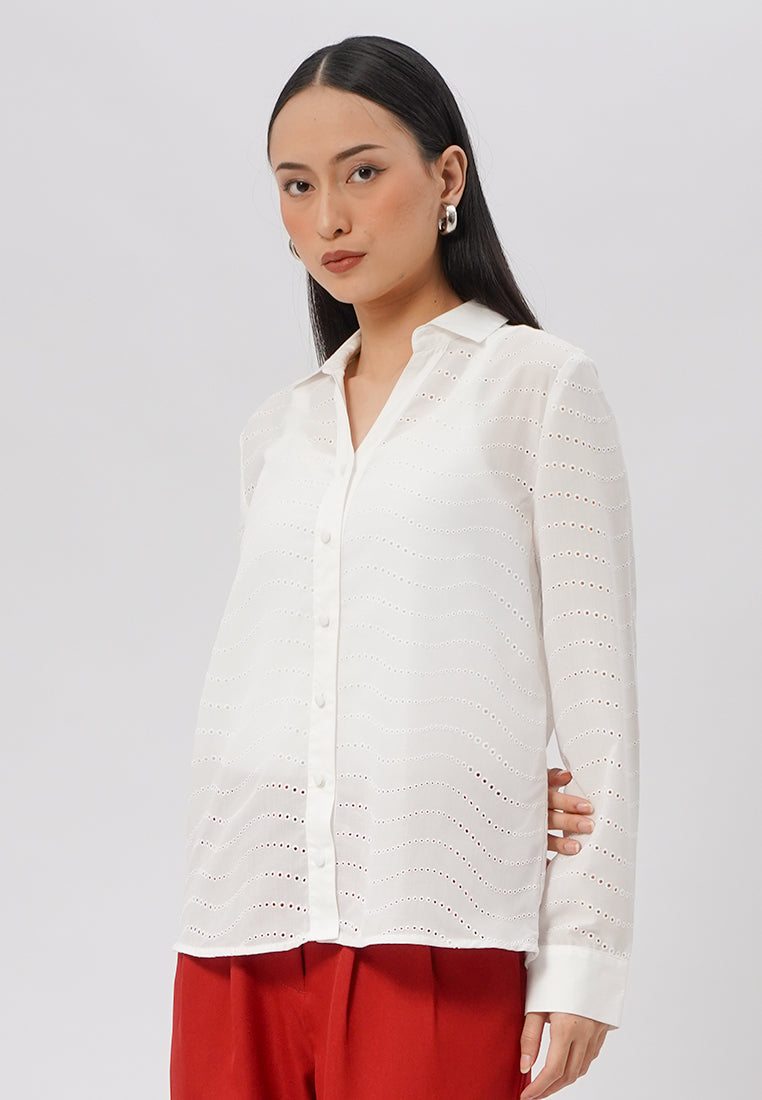 Oversized Long Sleeve Eyelet Shirt Off White - Main Image