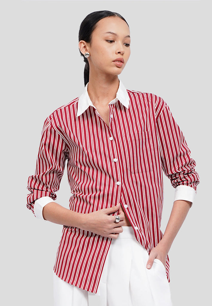 Contrast Collar Long Sleeve Stripes Shirt