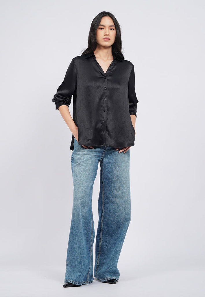 V-Neck Long Sleeve Satin Blouse