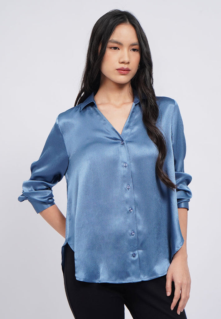 V-Neck Long Sleeve Satin Blouse
