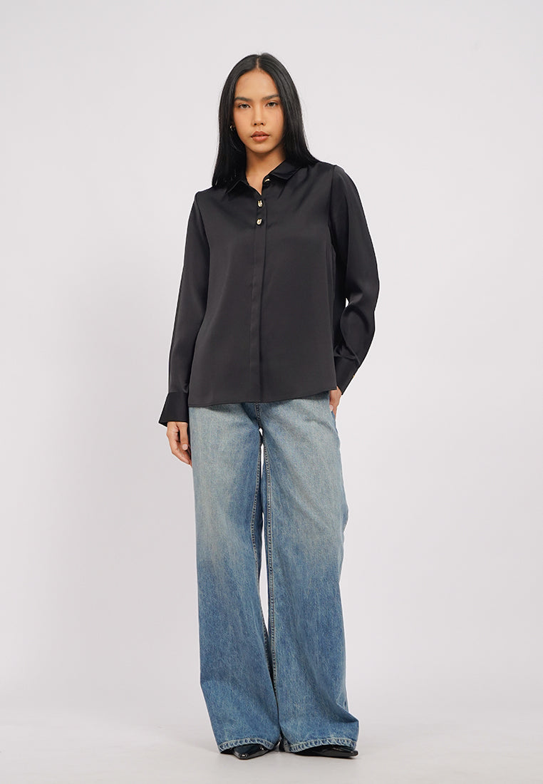 Long Sleeve Satin Shirt with Fancy Button - Main Image