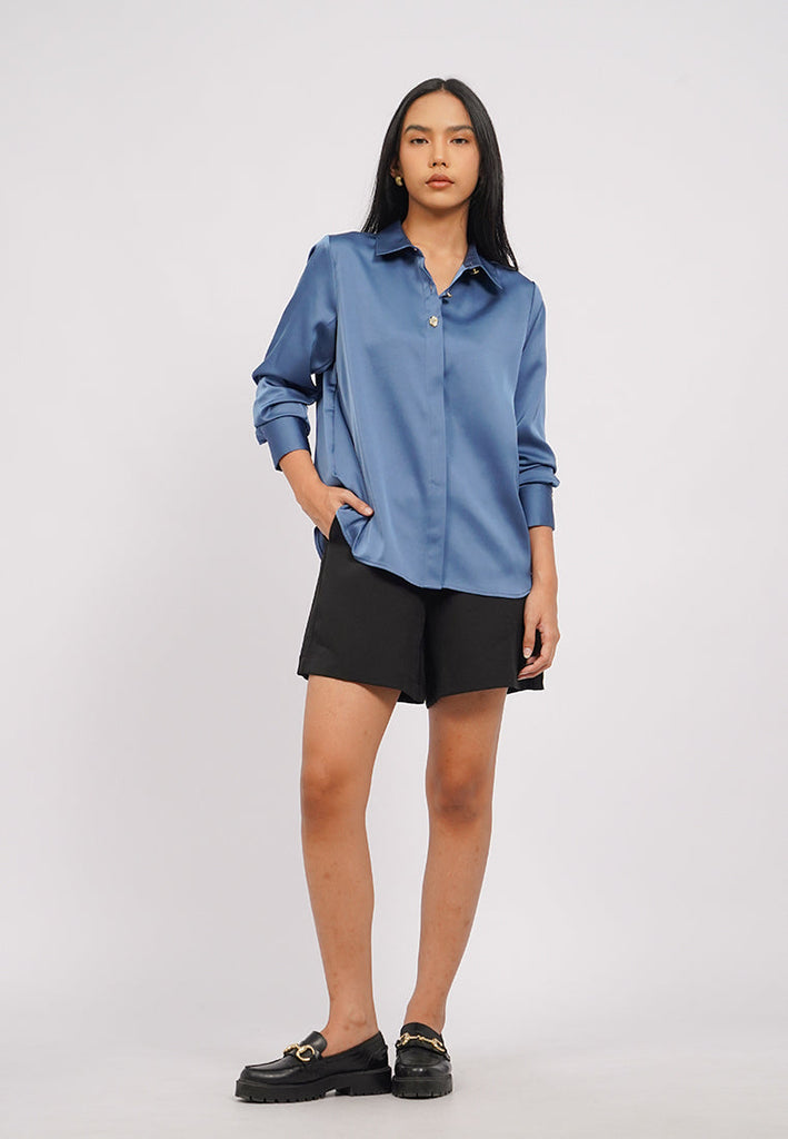 Long Sleeve Satin Shirt with Fancy Button