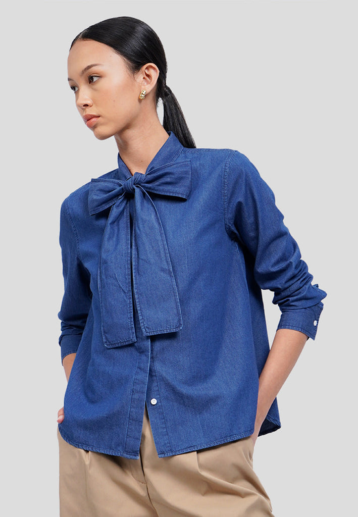 Tie Neck Long Sleeve Denim Blouse