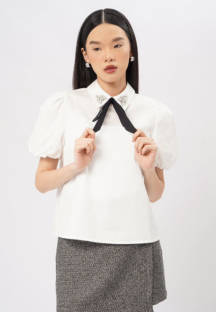 Short Sleeve Blouse with Bow Tie