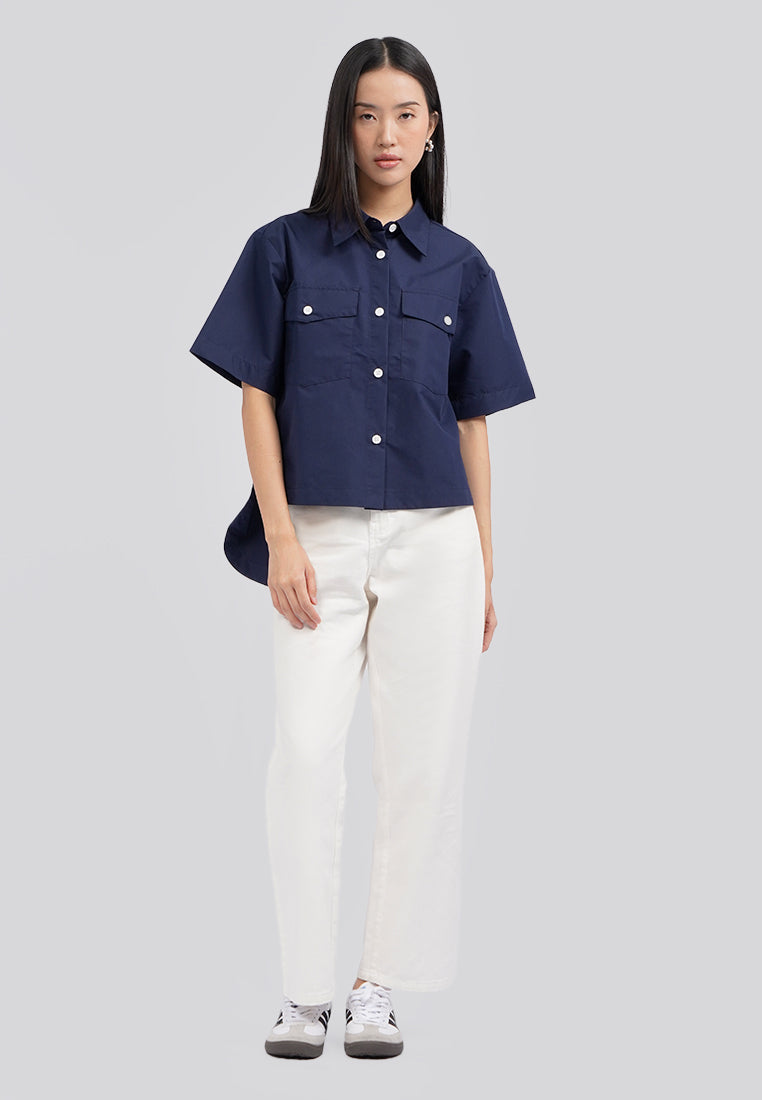 Short Sleeve Boxy Shirt with Contrast Button Navy