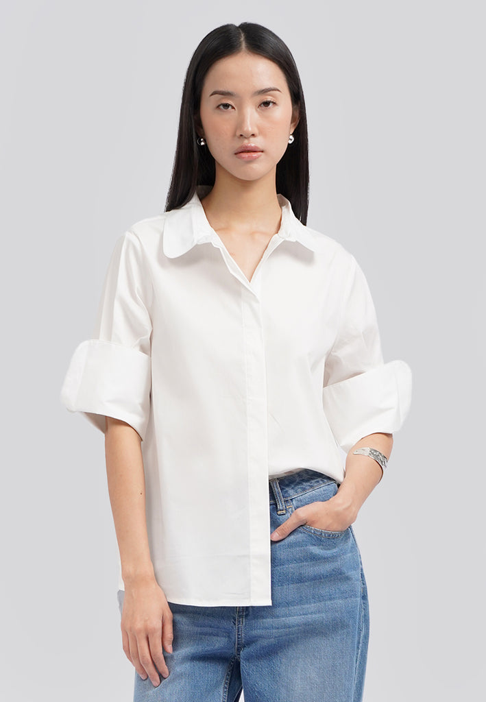 Statement Folded Sleeve Blouse Off White