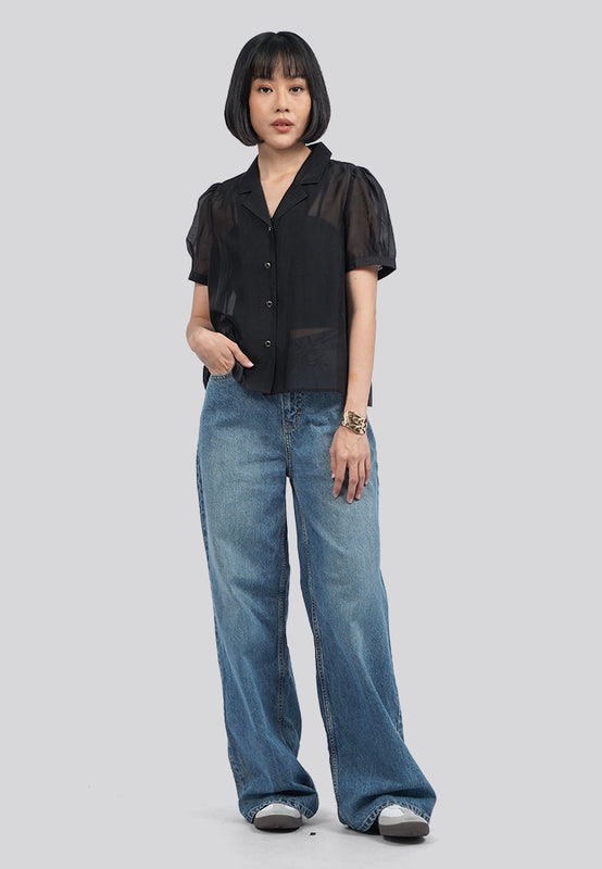 Notch Collar Blouse with Puffy Sleeves