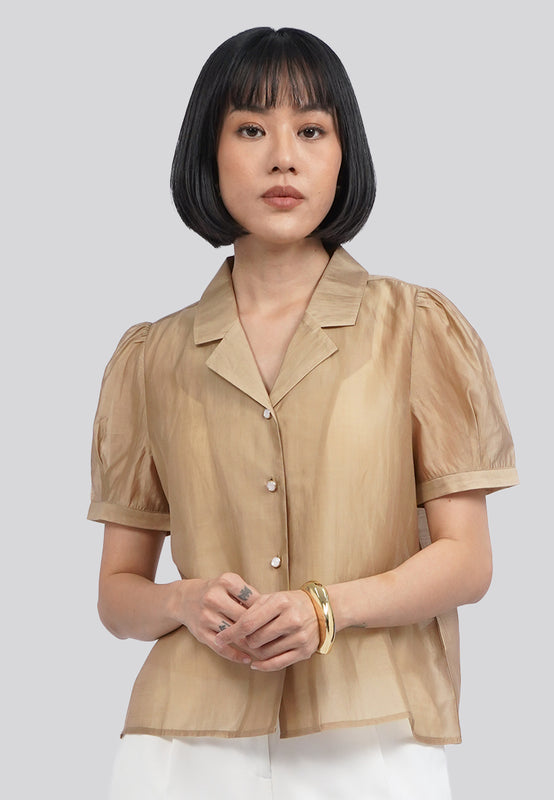 Notch Collar Blouse with Puffy Sleeves