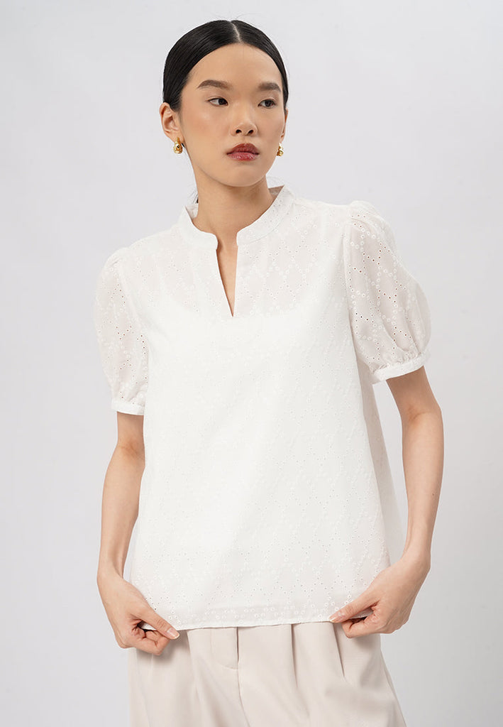 Short Sleeves V-Neck Eyelet Blouse