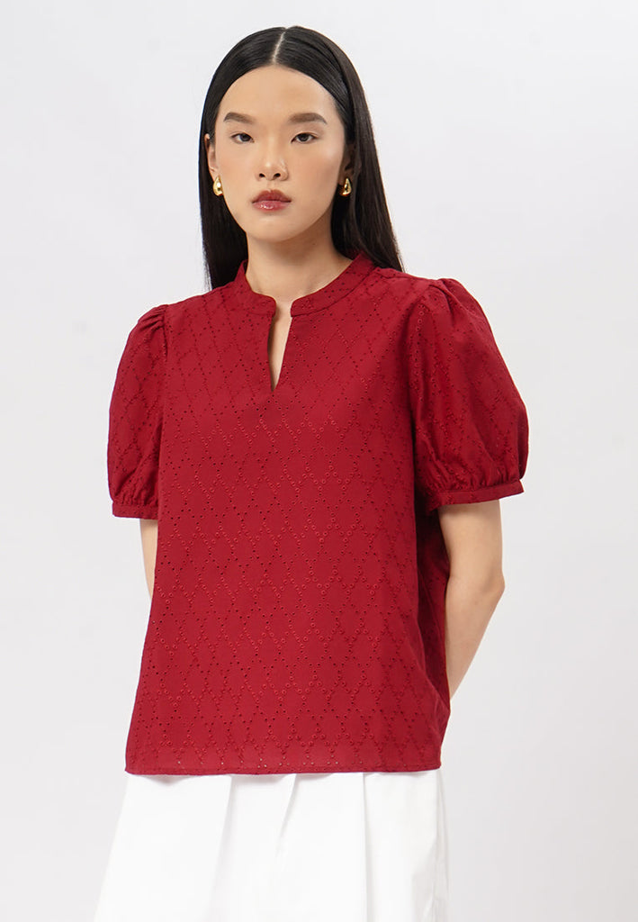 Short Sleeves V-Neck Eyelet Blouse