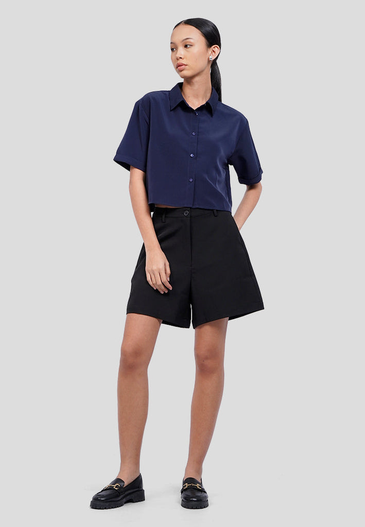 Back Pleats Short Sleeve Crop Shirt