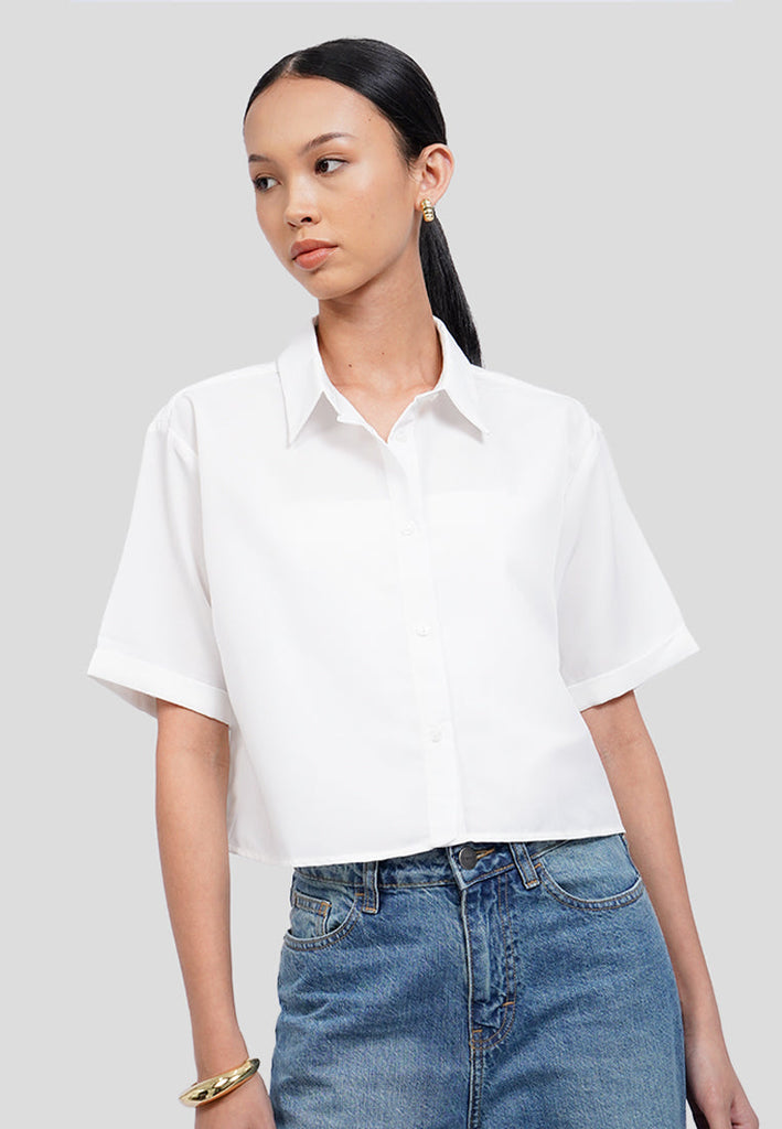 Back Pleats Short Sleeve Crop Shirt
