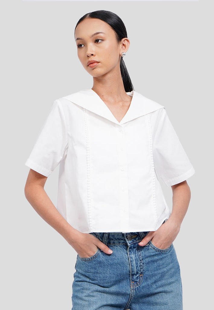 Wide Collar Short Sleeve Blouse