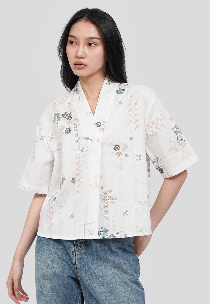 V-Neck Short Sleeve Batik Blouse
