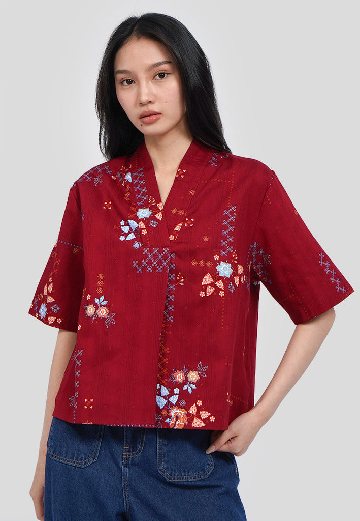 V-Neck Short Sleeve Batik Blouse