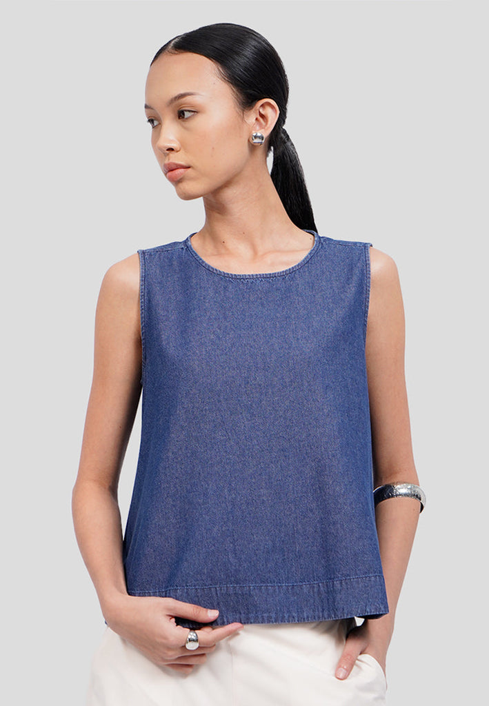 Sleeveless Flare Chambray Top