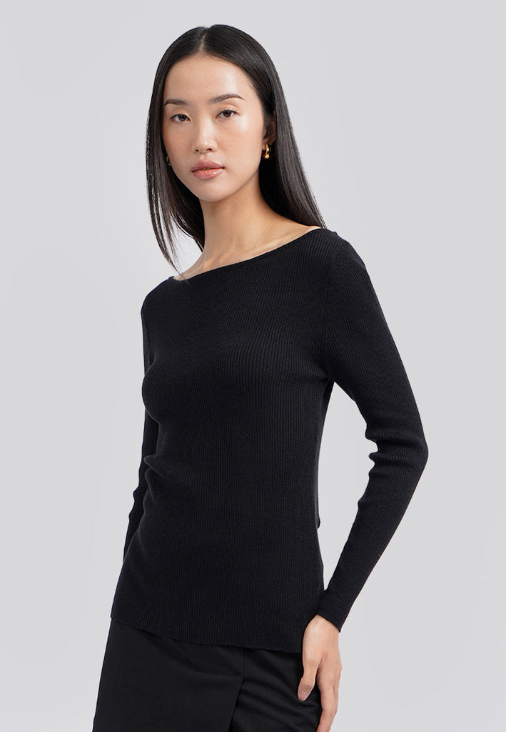 Long Sleeve Boat Neck Rib Top