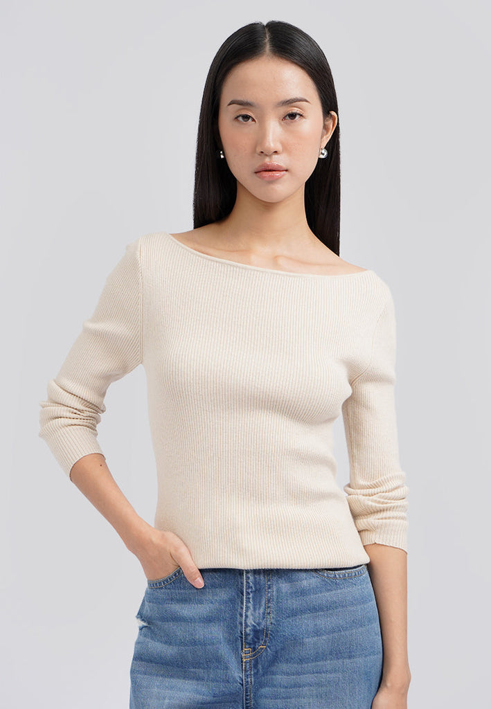 Long Sleeve Boat Neck Rib Top