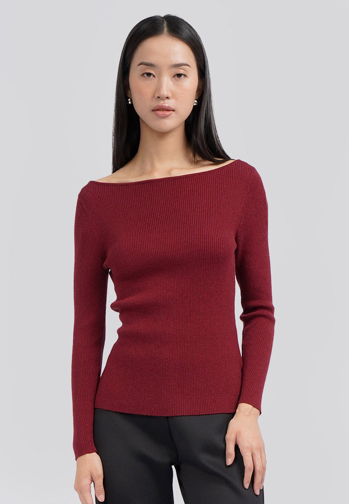 Long Sleeve Boat Neck Rib Top