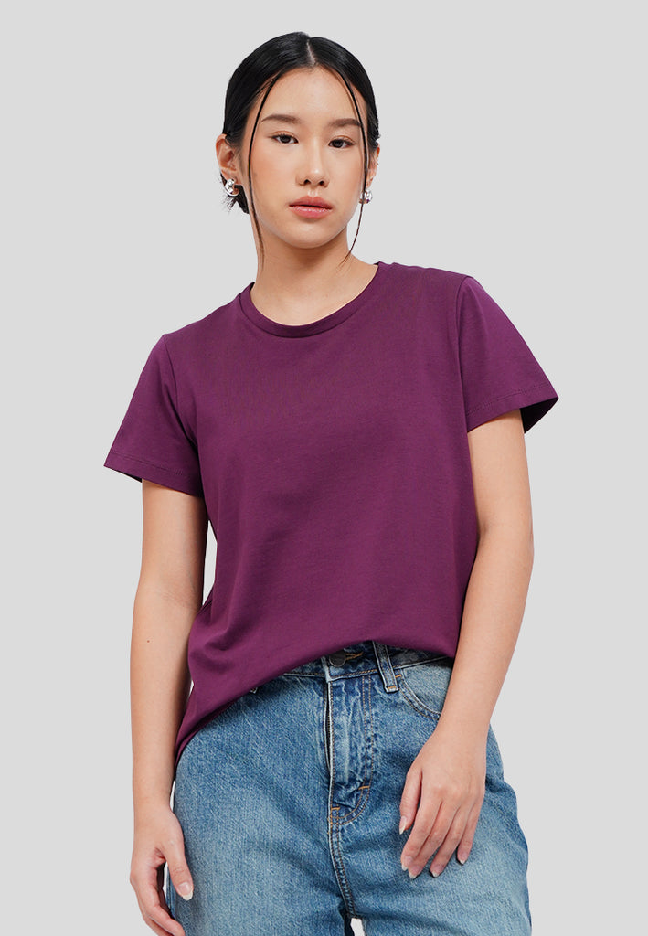 Basic Round Neck Cotton T-Shirt Plum