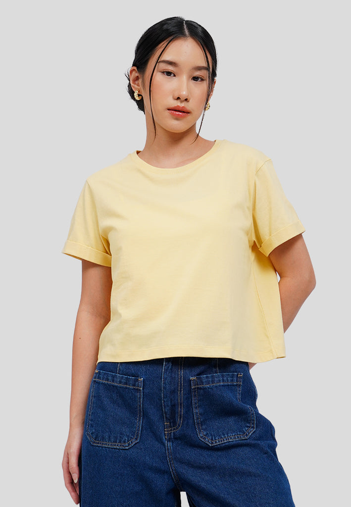 Basic Cropped Cotton T-Shirt Pale Yellow