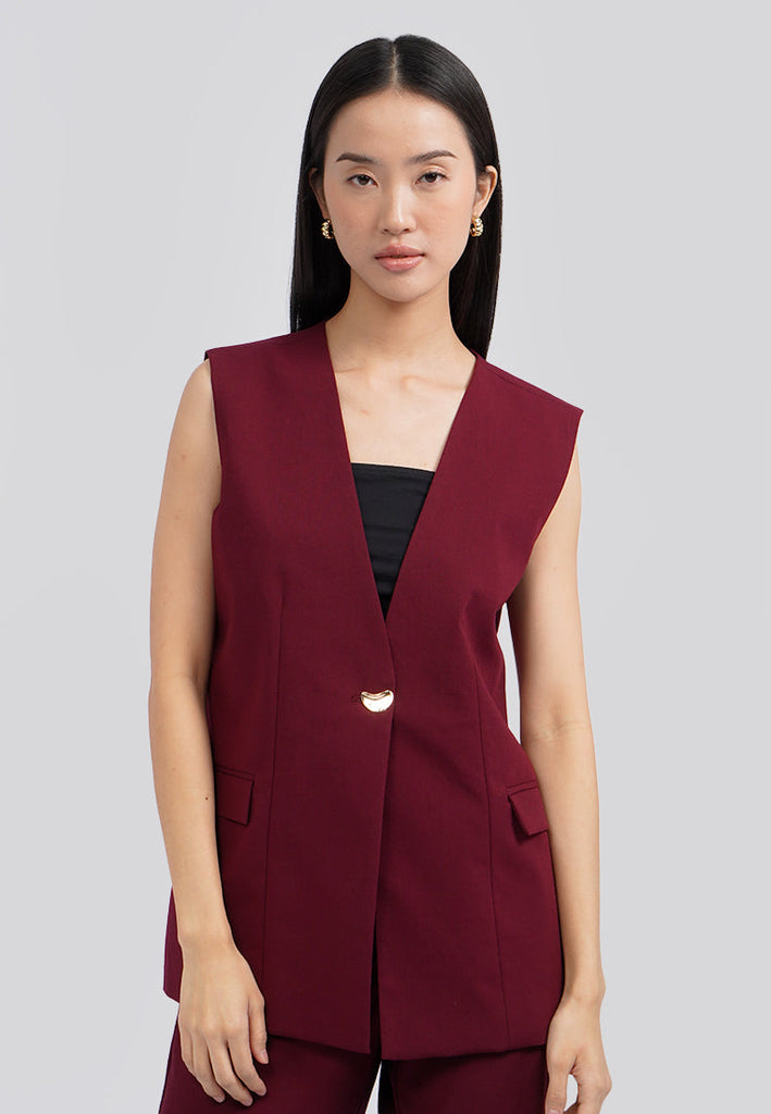 Collarless V-Neck Long Vest