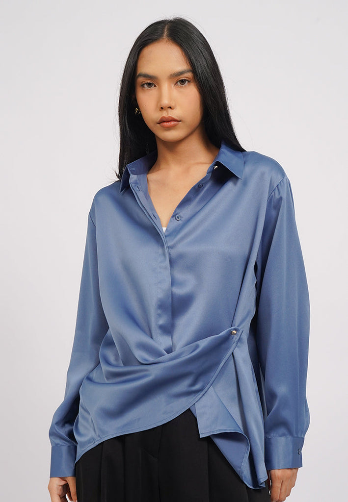 Long Sleeve Draped Satin Shirt