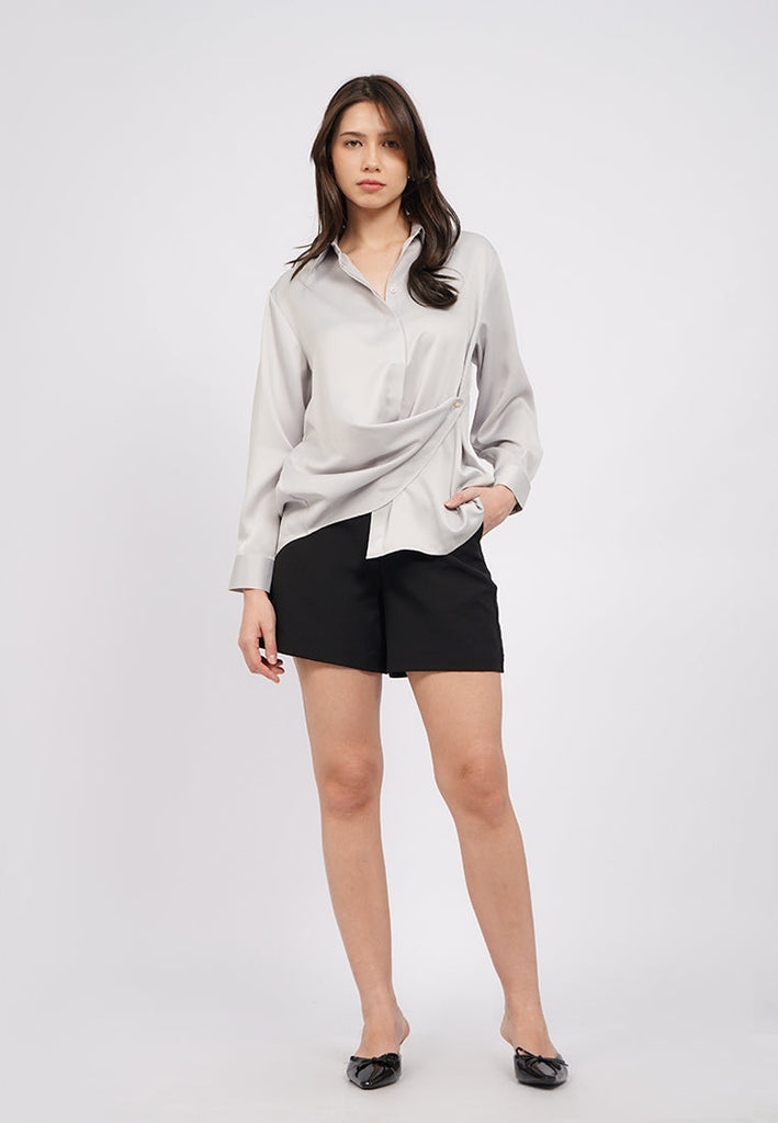 Long Sleeve Draped Satin Shirt