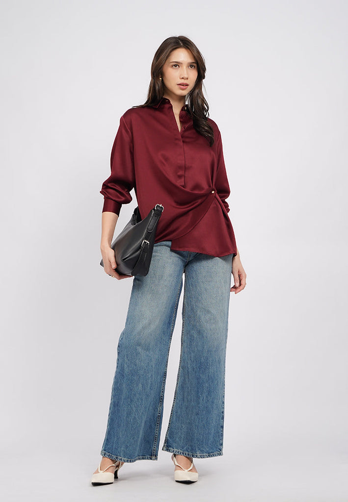 Long Sleeve Draped Satin Shirt