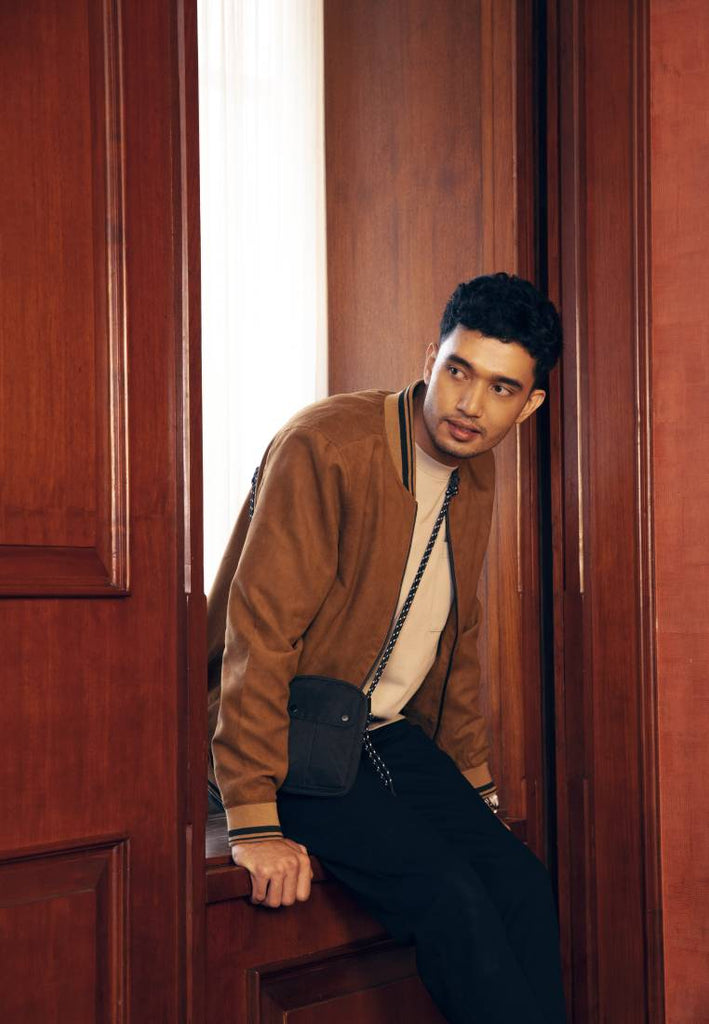Suede Bomber Jacket with Striped Rib