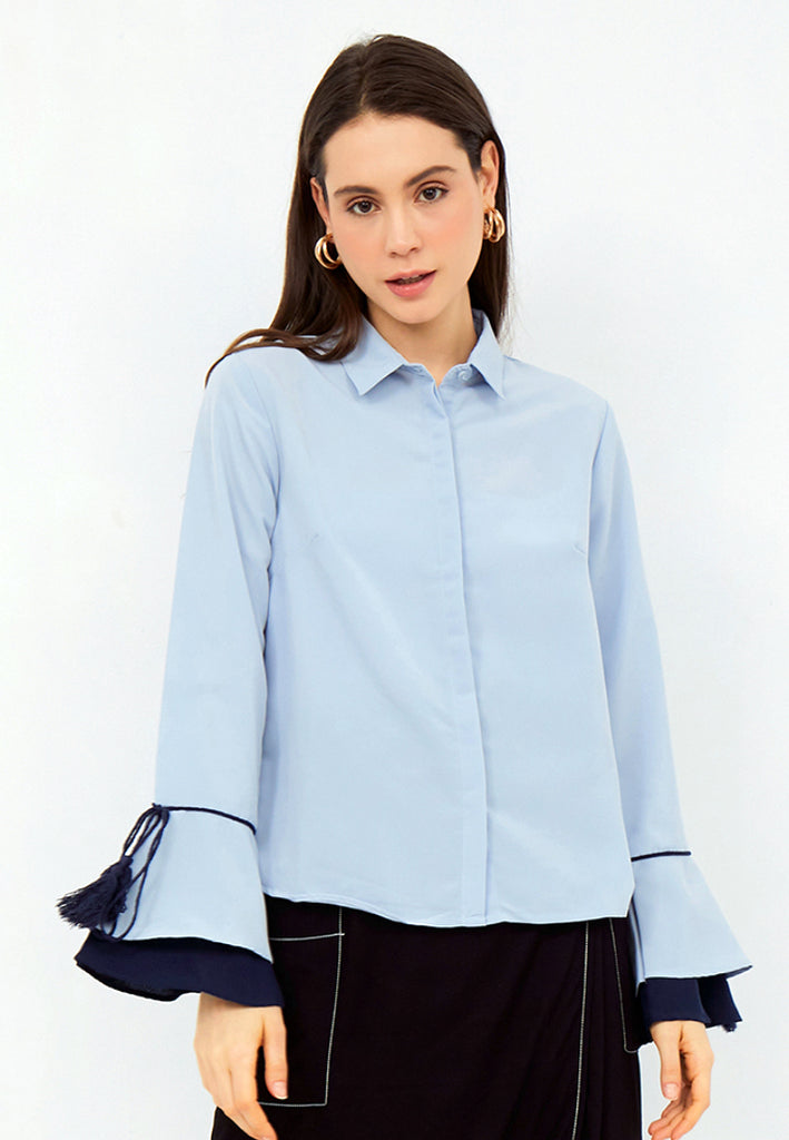 Blouse with Contrast Flare Sleeves