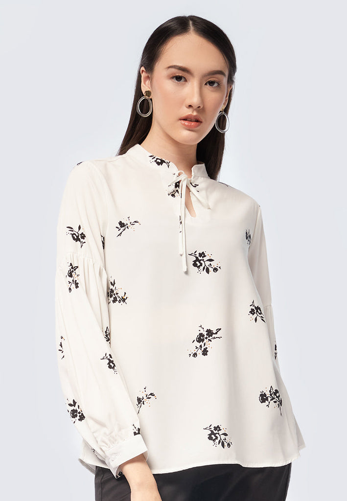 Tied Neck Puff Sleeves Printed Blouse