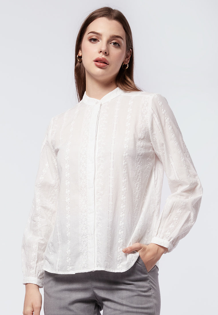 Anna-Kaci Women's Sheer Floral Long Sleeve Blouse with Mandarin Collar and Subtle Embroidered Detail