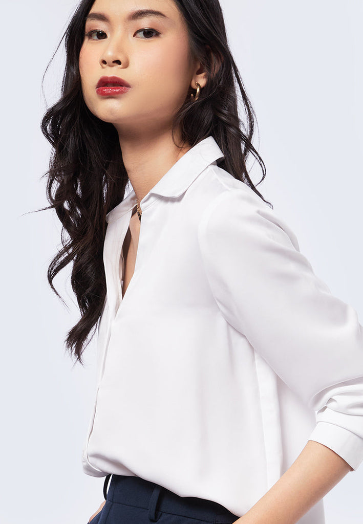 V-Neck Long Sleeve Sateen Blouse